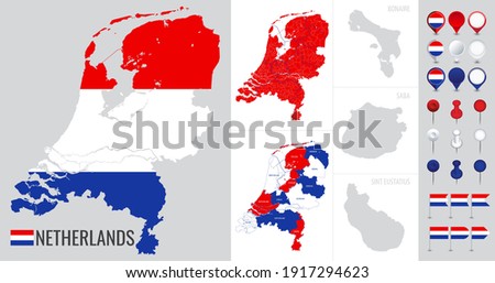 Netherlands vector map with flag, globe and icons on white background