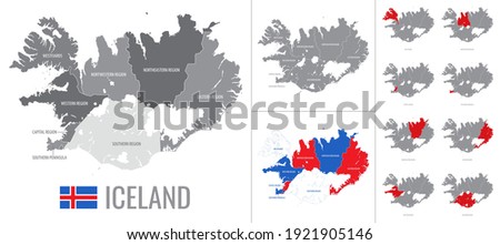 Detailed vector map of regions of Iceland with flag