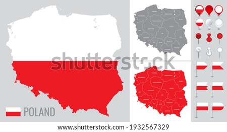 Poland vector map with flag, globe and icons on white background