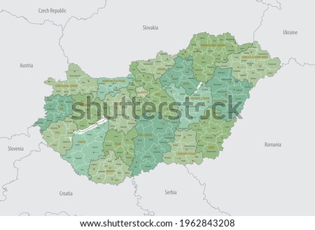 Detailed map of Hungary with administrative divisions into counties and districts, major cities of the country, vector illustration onwhite background