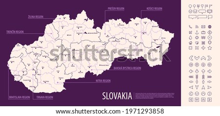 Detailed map of Slovakia with administrative divisions on dark background, country big cities and icons set, vector illustration