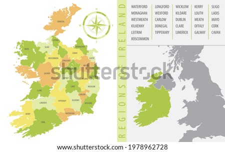 Detailed map of Ireland with administrative divisions of the country, color vector illustration