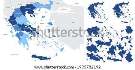 Detailed, vector, blue map of Greece with administrative divisions country