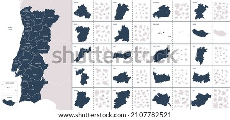 Vector color detailed map of Portugal with the administrative divisions of the country, each region is presented separately and divided into municipalities