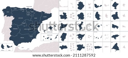 Vector color detailed map of Spain with the administrative divisions of the country, each Autonomous communities is presented separately and divided into autonomous cities and Provinces