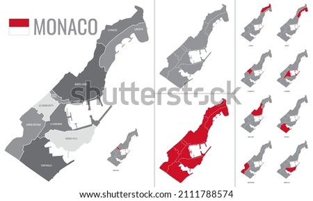 Detailed vector map of regions of Monaco with flag