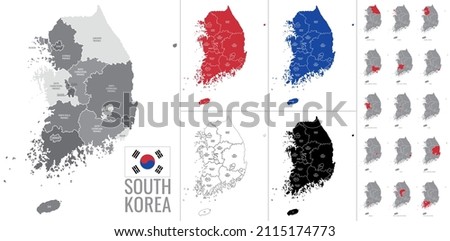 Detailed vector map of regions of South Korea with flag