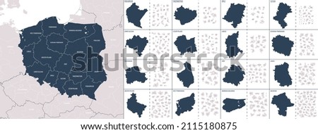 Vector color detailed map of Poland with administrative divisions of the country, each provinces (voivodeships) is presented separately in-highly detailed and divided into counties (powiats)
