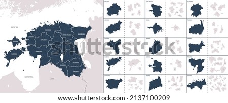 Vector color detailed map of Estonia with the administrative divisions of the country, each Counties and Parishes is presented separately and divided into Municipalities