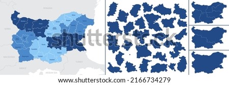 Detailed, vector, blue map of Bulgaria with administrative divisions into Regions and Provinces (Oblasts)