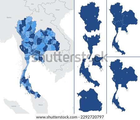 Detailed, vector, blue map of Thailand with administrative divisions country