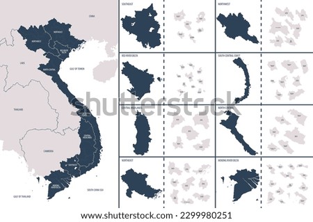 Vector color detailed map of Vietnam with administrative divisions of the country, each regions is presented separately in-highly detailed and divided into Provinces