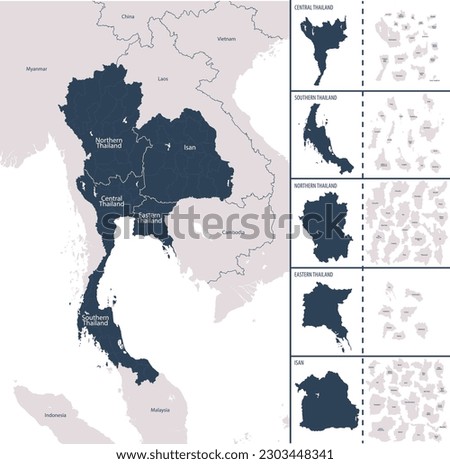 Vector color detailed map of Thailand with administrative divisions of the country, each region is presented separately in-highly detailed and divided into provinces