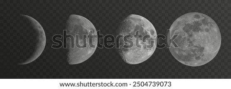 Set of realistic vector moon phases on an isolated transparent background. Moon vector png.