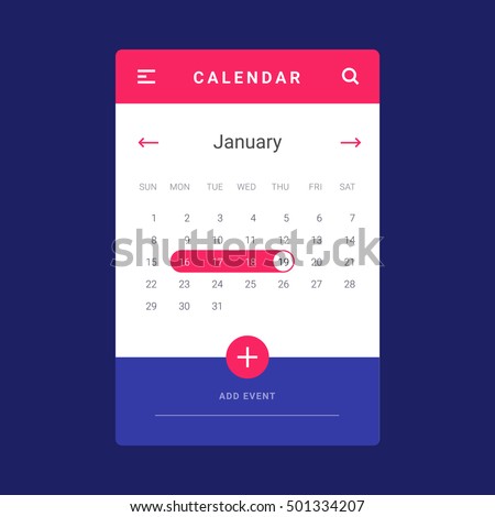 UI, UX and GUI template layout for Mobile Apps. Calendar widget event. Vector illustration. Calendar daily template. Pink and blue color ux app. Calendar screen design