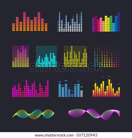 Set colorful ui ux music equalizer sound waves. Audio electronic bar. Music waves interface. Dj vector illustration. Colorful light audio signal.