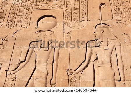 ancient Egyptian sculpture details of Kom Ombo Temple, unesco world heritage in Luxor, Egypt