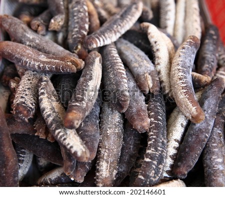 dried sea cucumber for sale in a Chinese market, famous for their medicinal properties