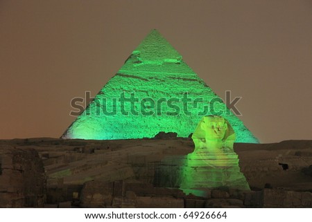 CAIRO - SEPTEMBER 17: Giza pyramid and Sphinx light up for magical sound and light show on September 17, 2010 in Cairo, Egypt.