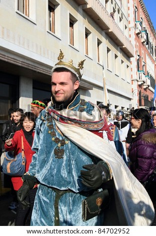 VENICE, ITALY - FEBRUARY 26: Unidentified actor performing the role of medieval prince at the parade of the annual Venice Carnival festival on February 26, 2011 in Venice, Italy.