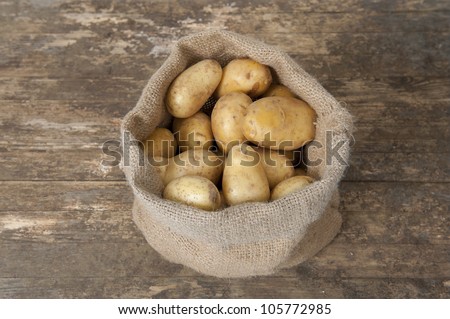 jute bag with potatoes on an old weathered floor