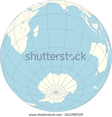 French Southern and Antarctic Lands centered on the orthographic projection of the world map, underlining its remote location in the southern Indian Ocean.