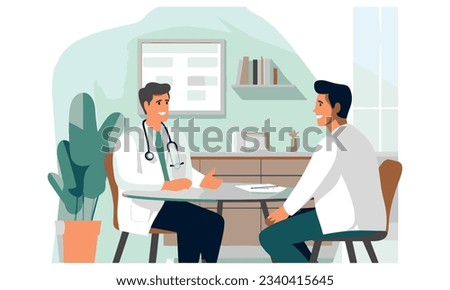 The patient and the doctor are talking in the office. Health and medicine. Young man is sitting on a chair. Guy at a doctor's appointment. Flat vector cartoon illustration.