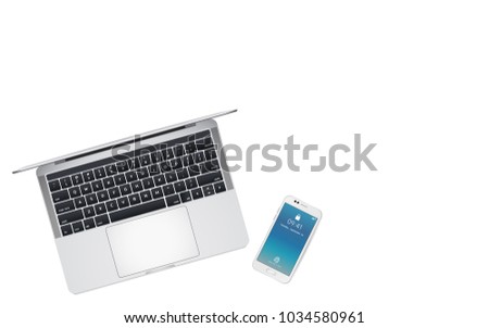 Top view of office desk with laptop and smartphone with lock screen content.Isolate on white background with copy space.