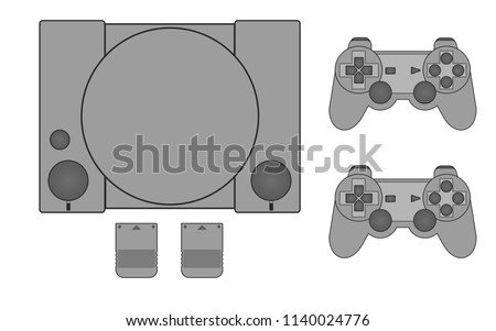 Classic Game Console with memory card and game controller set.Flat Design Isolate on white background. 