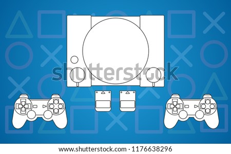 Classic Game Console with game controller set.Flat Design on blue background. Game wallpaper concept.