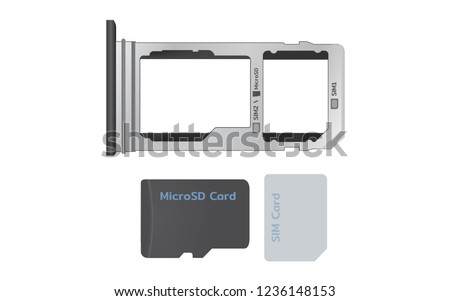 Hybrid or dual Sim Card and Micro SD Card Slot/Tray for use with modern mobile phone with Micro SD and Nano Sim Card. Isolate on white Screen.