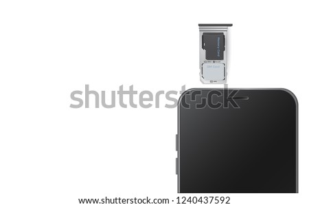 Insert Hybrid or dual Nano Sim Card and Micro SD Card Slot/Tray to Realistic Black Smartphone. Isolate on white background.Copy space for insert content.