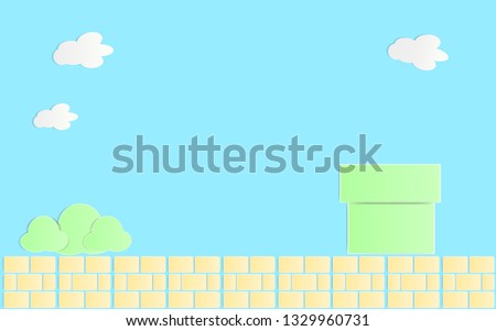 Paper Art Style Green Pipe with brick Isolate on Blue Background ,Retro Game Background.