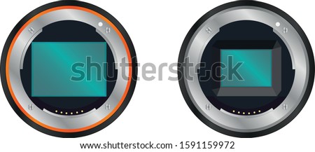 Realistic DSLR-Mirrorless Full-Frame and APS-C Digital Camera Lens Mount with Image Sensor. Mockup Vector illustration isolate on white background.