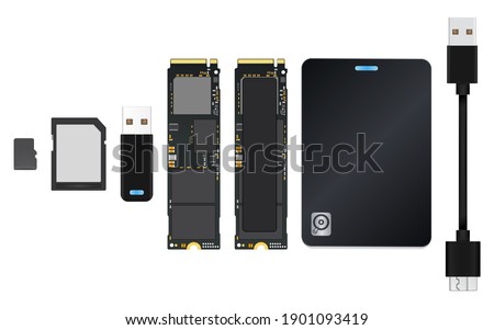 Modern of flash memory device set (Micro SD Card ,SD Card ,Flash Drive ,NVMe M.2 PCI-Express (PCI-E) Solid State Drive (SSD) ) and External Harddisk drive with USB3 cable Isolate on white background.