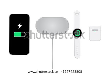 Flat vector icon Mockup of Modern Technology device Big Wireless Charging Station with Charging Cable, Smart Phone , Smart Watch, Wireless Earphone Case.