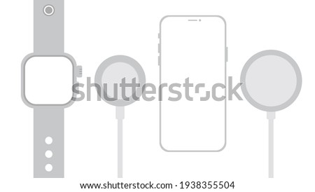 Flat design modern smartphone, Smart watch, Wireless Charger, Cable Charge Smart Device icon Isolate on White Background.