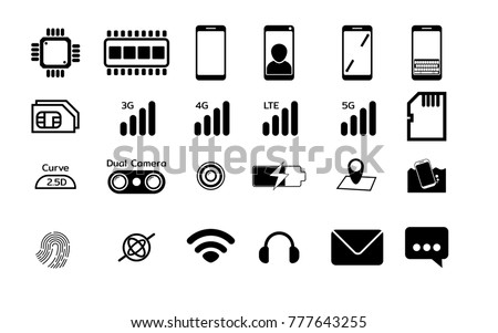 Black Mobile phone Specification Flat icons set Isolate on white background. Vector illustration.