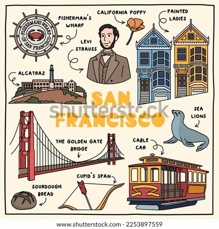 San Francisco. Hand drawn illustration of different landmarks and symbols. 