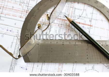 Engineering digital color blueprint with pencil, glasses and steel protractor
