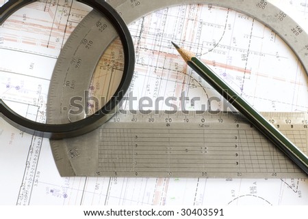 Engineering digital color blueprint with pencil, loupe and steel protractor