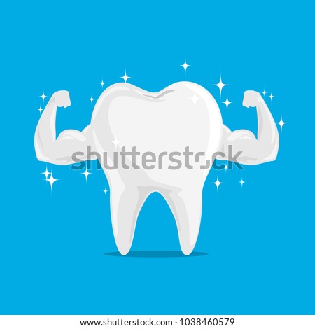 Single White and Very Strong Muscle Healthy Tooth iSolated on Blue Background.