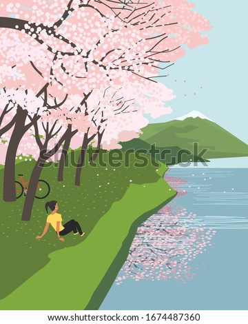 Springtime Cherry blossoms at river enjoyment flat vector poster. Sakura blossoming on lake green lawn bank landscape cartoon illustration. Beautiful nature outdoor spring season event banner template