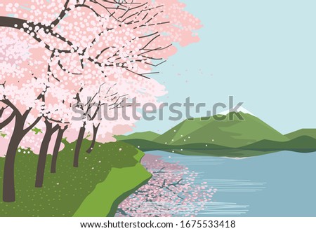 Springtime concept. Cherry blossoms at river flat vector poster. Sakura blossoming on lake green lawn bank landscape cartoon illustration. Beautiful nature outside spring season event banner template