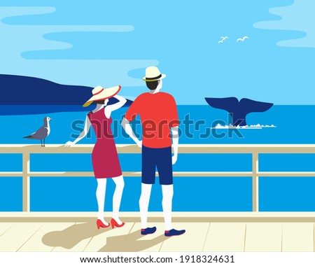 People Watching Whale Tail in Ocean, flat tourism vector poster. Couple on Whale watching boat tour cartoon illustration. Summer seaside tourist travel vacation concept. Wildlife underwater mammals background