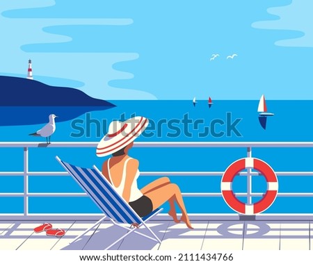 Women in sun hat on cruise vessel enjoy summer seaside landscape. Blue ocean scenic view background. Holiday vacation season sea travel leisure illustration. Sea sailing relax tourist vector poster