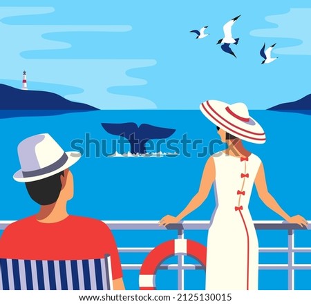 Couple Watching Whale Tail in Ocean, flat tourism vector poster. People on Whale watching boat tour cartoon illustration. Summer seaside tourist travel vacation. Wildlife underwater mammals background