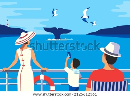 Family Watching Whale Tail in Ocean flat tourist vector poster. People on Whale watching boat tour cartoon illustration. Summer seaside tourist travel vacation. Wildlife underwater mammals background