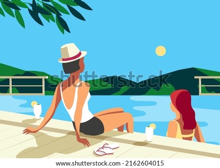 Girls couple rest in tourist resort swimming pool vector. Moutains scenic view background. Holiday vacation season travel leisure cartoon. Females rest in summer recreation hotel poolside illustration