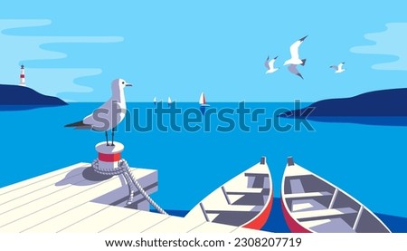 Seascape with rowing boats and seagull on pier vector illustration. Seaside holiday vacation travel poster background. Ocean bay scenic view with seabirds, yachts, sailing boats flat minimal design